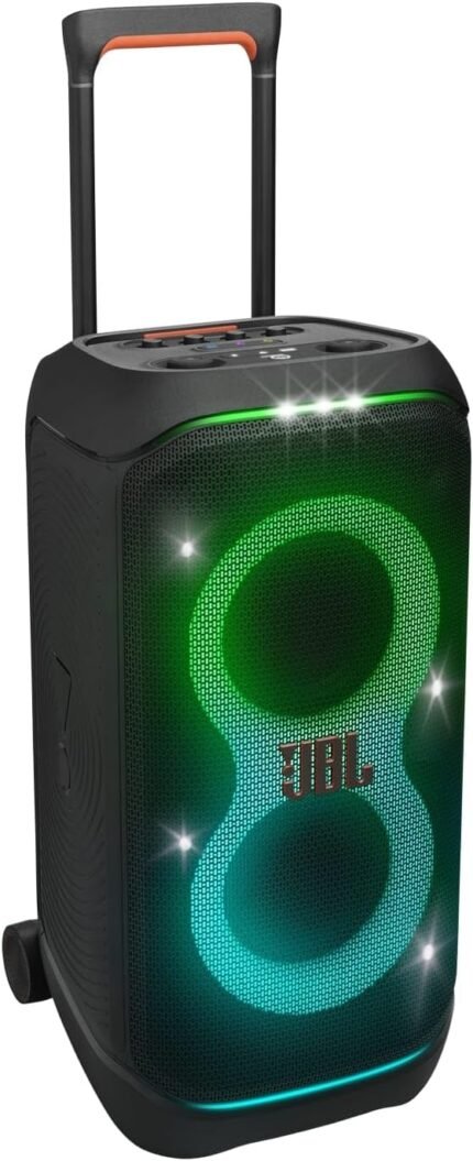 JBL Partybox Stage 320 in Schwarz – Tragbare Bluetooth-Lautsprecher-Box mit JBL Pro Sound, Lichtshow, KI-Sound-Boost, Rollen und Teleskopgriff – 18 h Laufzeit